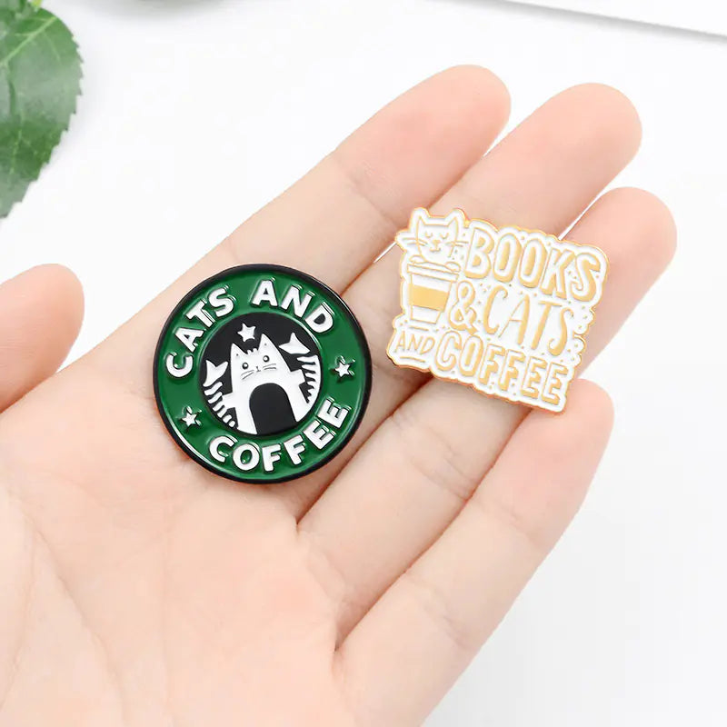 Cute Cat & Bulldog Coffee Shop Enamel Brooch Pin