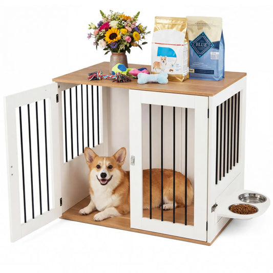 Furniture Style Dog Crate with 360° Rotating Feeder & Stainless Steel Bowls, Double Locking Indoor Dog Kennel