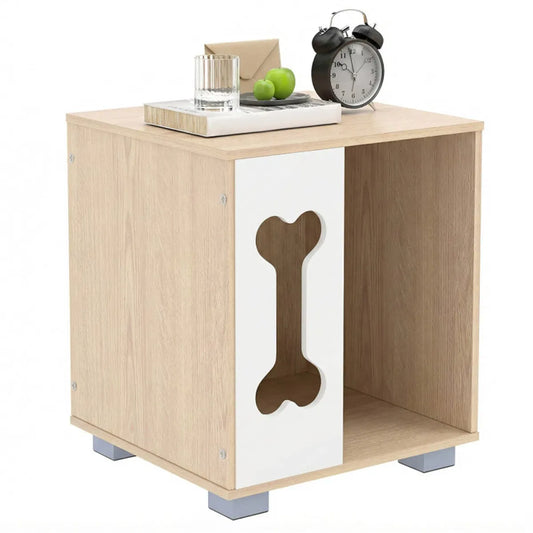Cat Dog House Bed Side Table Wooden Dog Condo with Bone-Shape Window