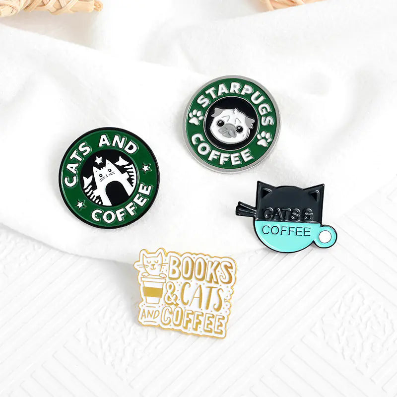 Cute Cat & Bulldog Coffee Shop Enamel Brooch Pin