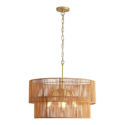 23.62in Handwoven Woven Paper Rattan Chandelier, 2-Tier Boho Wabi-Sabi Pendant Light, Gold Metal Hanging