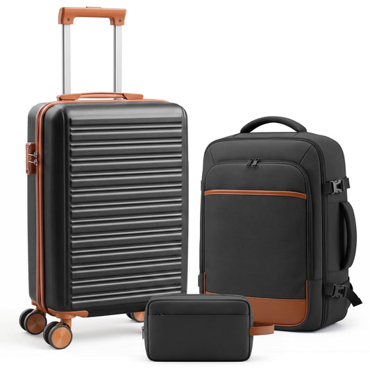 Three piece travel luggage set with backpack