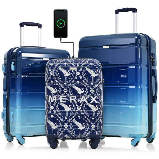 Three piece hard shell luggage set with usb port