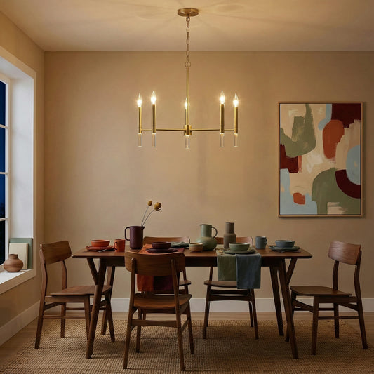 Courtyard five light golden brass candle chandelier