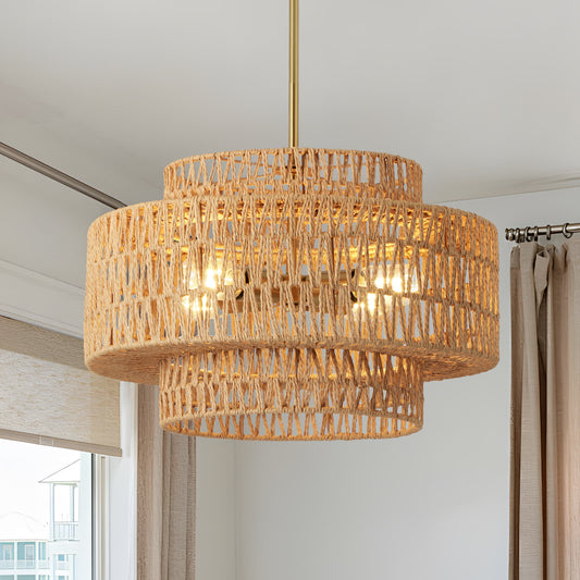 Boho rattan chandelier hand woven wicker pendant light