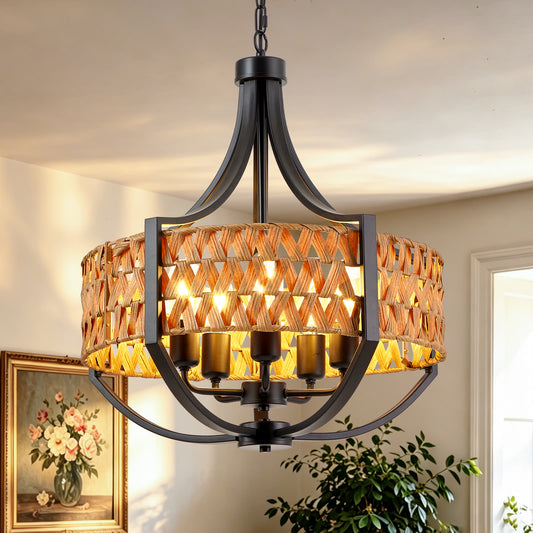 Rattan chandelier 5-light boho natural woven reed shade