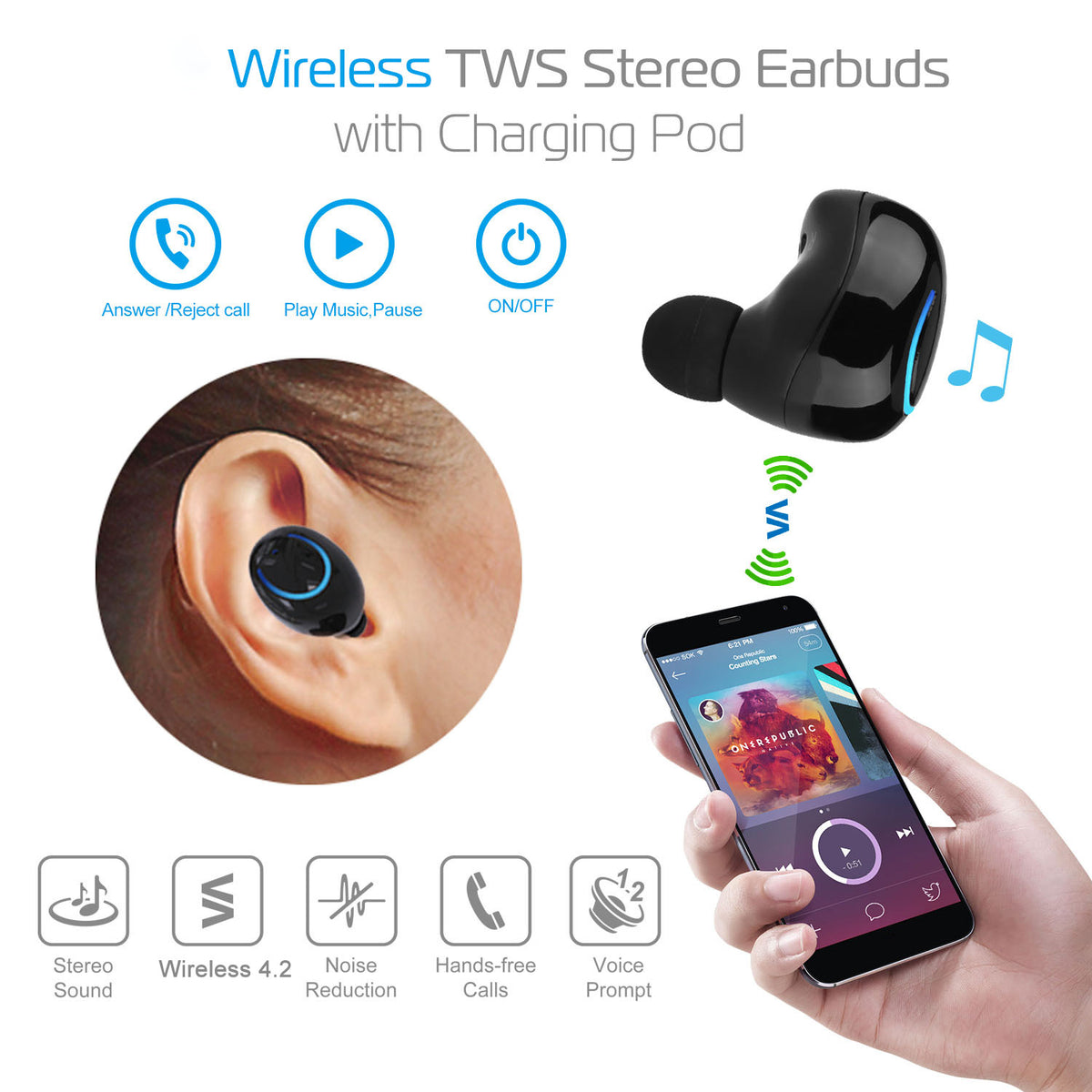 Wireless stereo earbuds