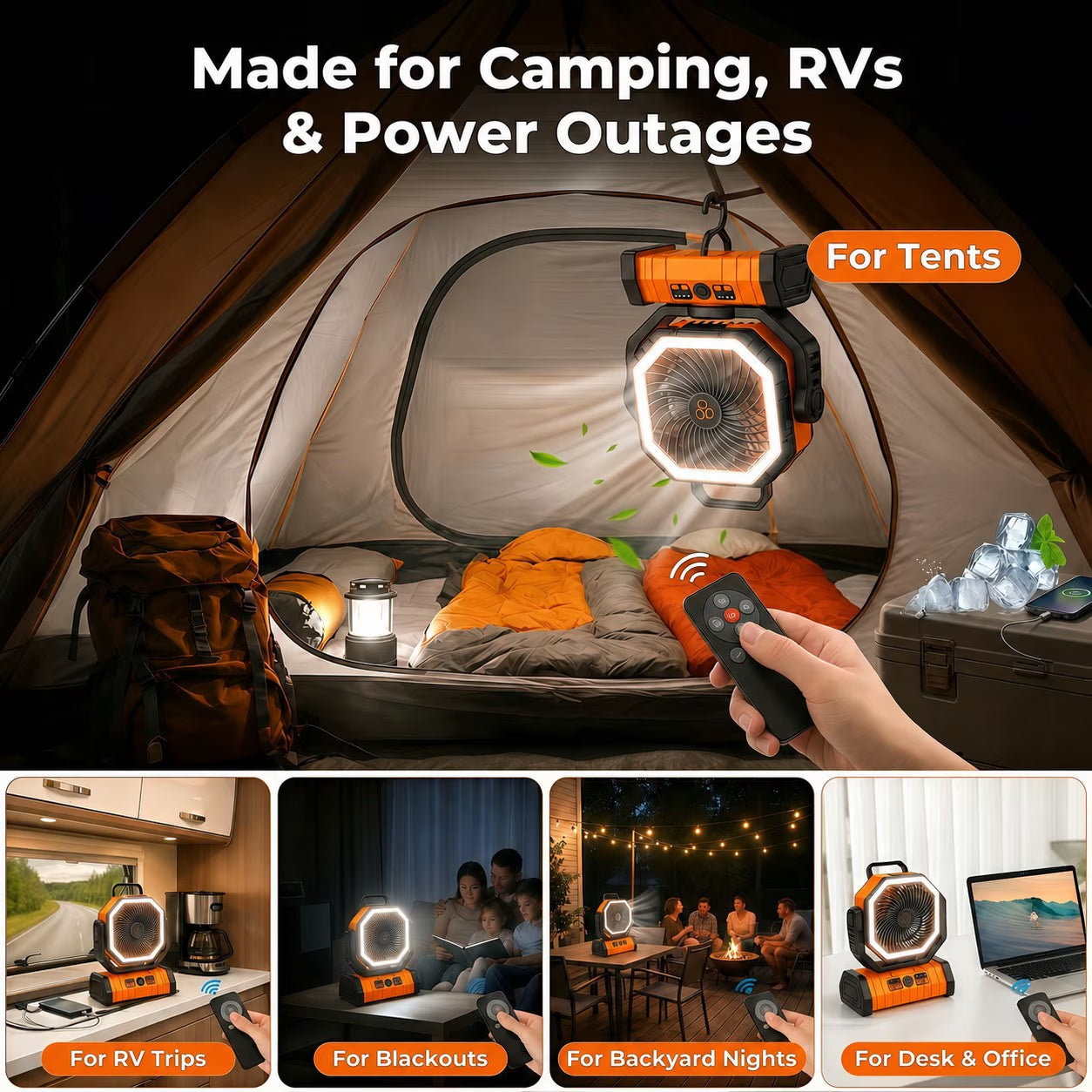 Portable Camping Fan with LED Light 20000Mah Rechargeable Battery Powered Fan with Remote and Timer for Tent, RV, Travel & Emergency Use