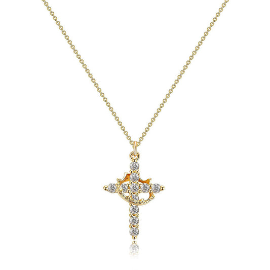 Gold plated cross crown necklace