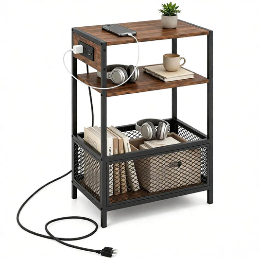 Industrial side table with outlets