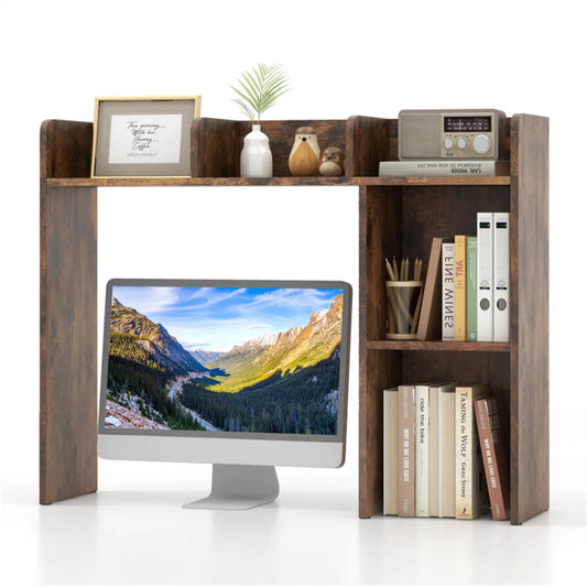 Brown desktop bookshelf hutch