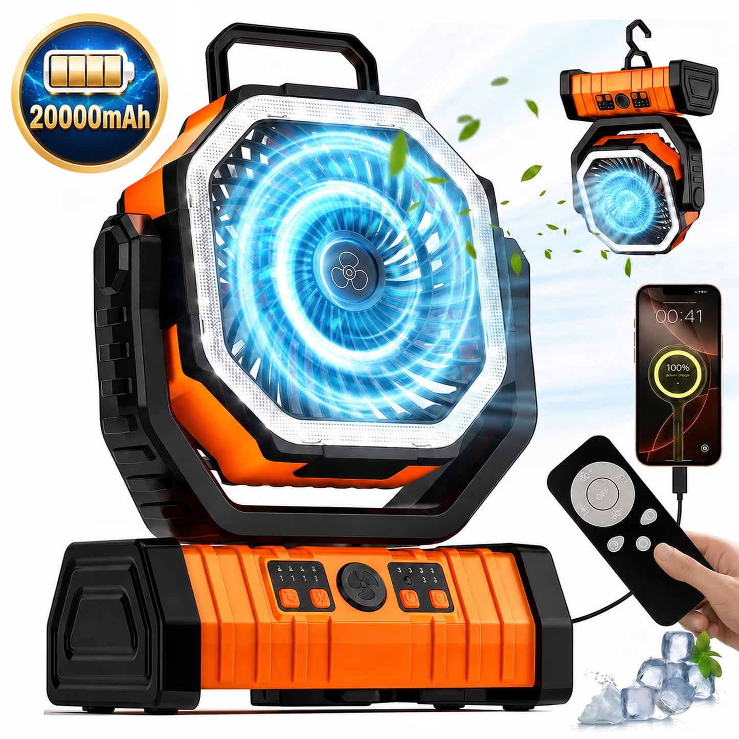 Portable Camping Fan with LED Light 20000Mah Rechargeable Battery Powered Fan with Remote and Timer for Tent, RV, Travel & Emergency Use
