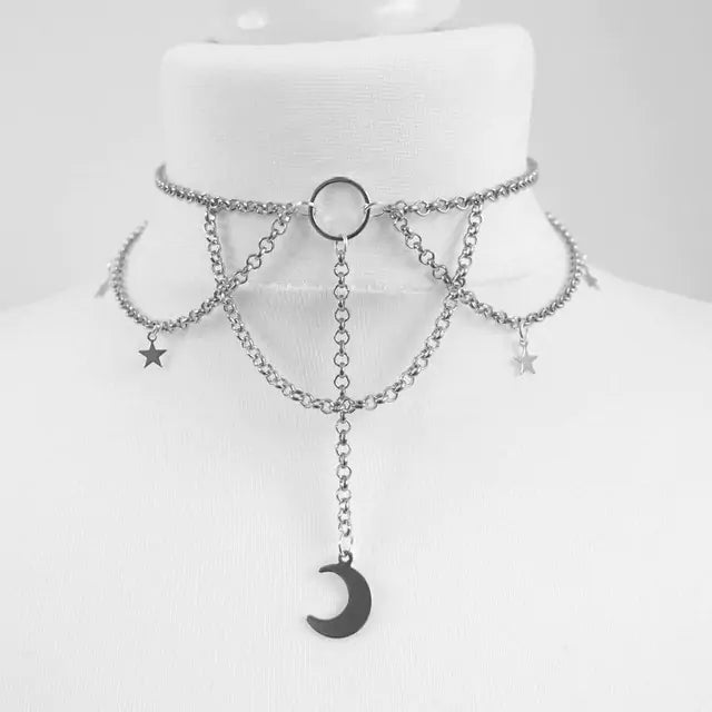 Black Crescent Moon Necklace, Choker Block Crescent Moon, Gothic Necklace