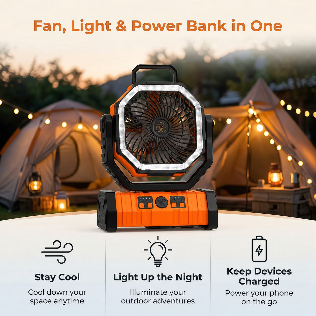 Portable Camping Fan with LED Light 20000Mah Rechargeable Battery Powered Fan with Remote and Timer for Tent, RV, Travel & Emergency Use