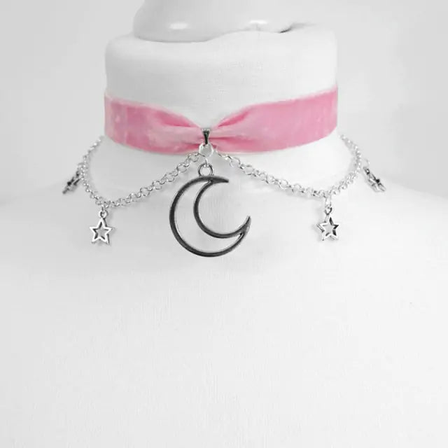 Black Crescent Moon Necklace, Choker Block Crescent Moon, Gothic Necklace