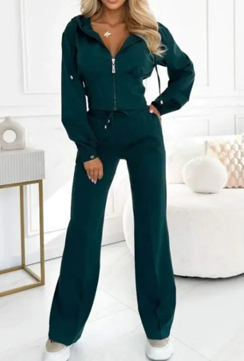 Hooded Zipper Jacket with Tight-Fitting Bottom Set