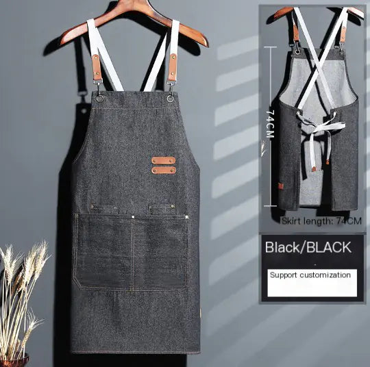 Cowhide Strap Denim Apron for Coffee Shop & Barber