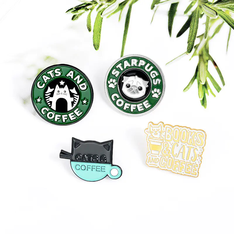 Cute Cat & Bulldog Coffee Shop Enamel Brooch Pin
