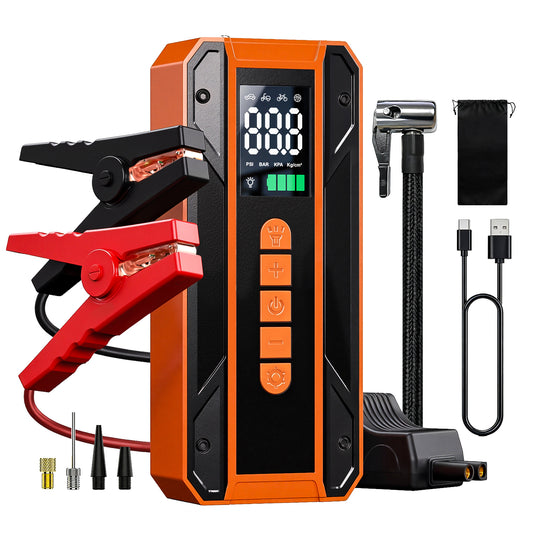 Car jump starter with tire inflator