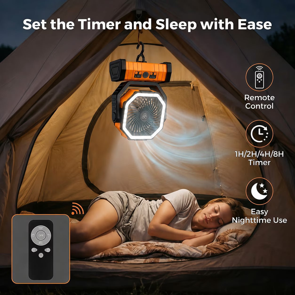 Portable Camping Fan with LED Light 20000Mah Rechargeable Battery Powered Fan with Remote and Timer for Tent, RV, Travel & Emergency Use