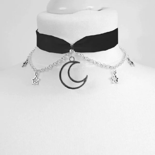 Black Crescent Moon Necklace, Choker Block Crescent Moon, Gothic Necklace