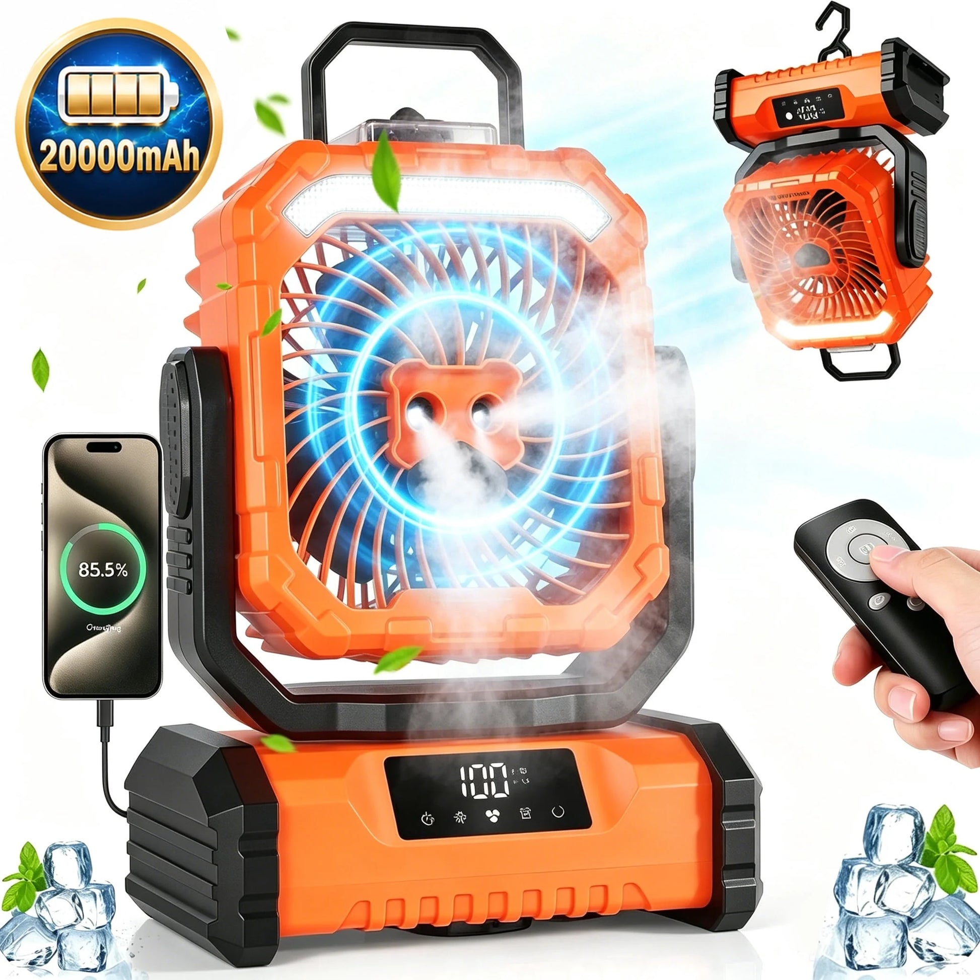 Portable Camping Fan with LED Light 20000Mah Rechargeable Battery Powered Fan with Remote and Timer for Tent, RV, Travel & Emergency Use