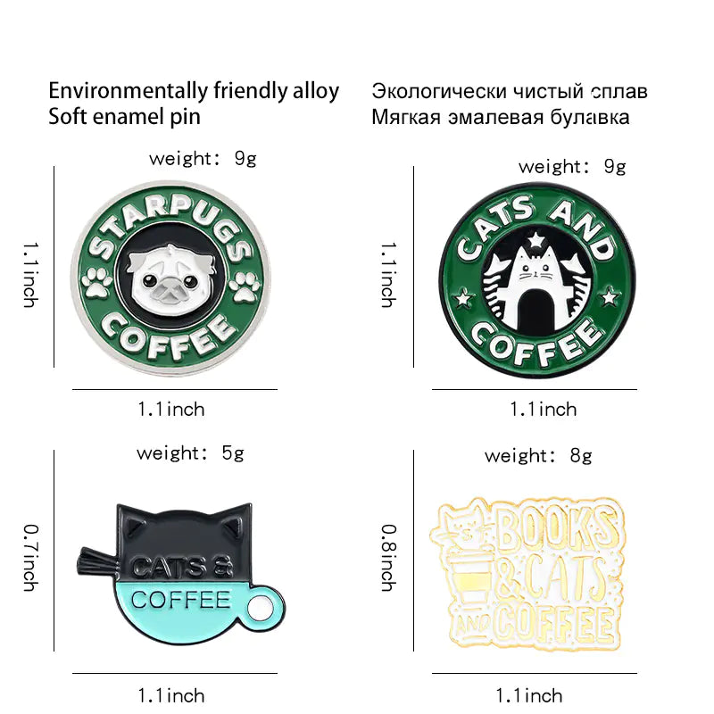 Cute Cat & Bulldog Coffee Shop Enamel Brooch Pin