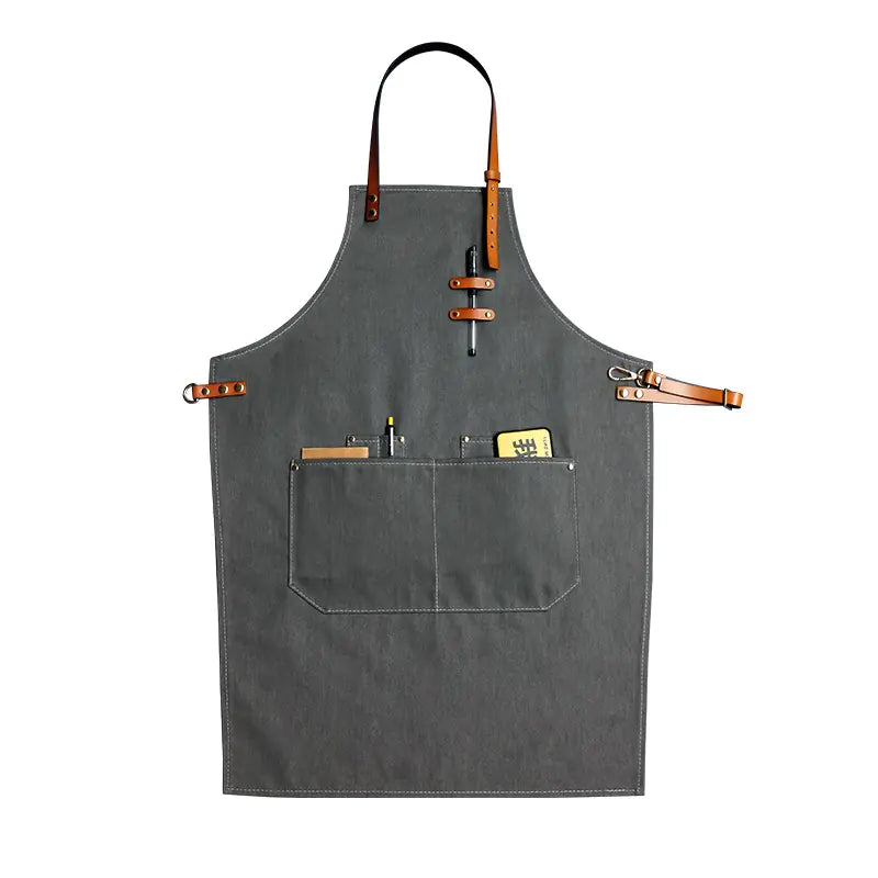 Cowhide Strap Denim Apron for Coffee Shop & Barber
