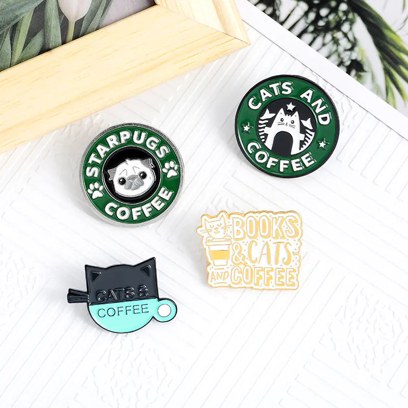 Cute Cat & Bulldog Coffee Shop Enamel Brooch Pin