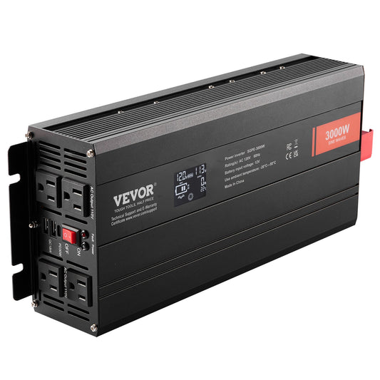 Pure Sine Wave Inverter, 3000 Watt, DC 12V To AC 120V Power Inverter With 2 AC Outlets 2 USB Port 1 Type-C Port, LCD Display