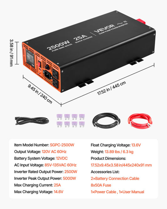 2500W Sump Pump Battery Backup System, LCD Display, Auto Switches To Battery Inverter Power, Pure Sine Wave