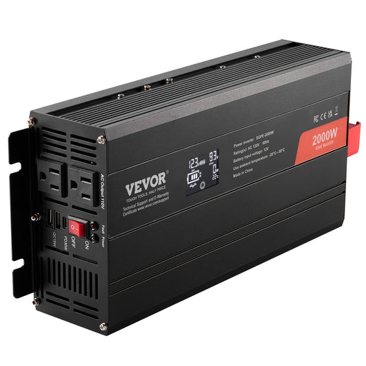Pure Sine Wave Inverter, 2000 Watt, DC 12V To AC 120V Power Inverter With 2 AC Outlets 2 USB Port 1 Type-C Port, LCD Display