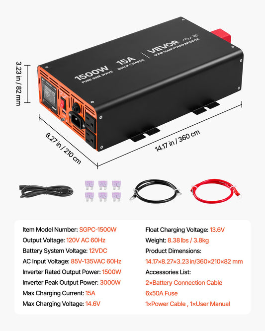 1500W Sump Pump Battery Backup System, LCD Display, Auto Switches To Battery Inverter Power, Pure Sine Wave