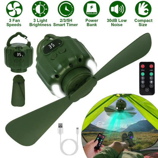 3-in-1 Camping Fan with LED Lantern, Portable Hanging Tent Fan, 3 Speeds, Timer & Power Bank