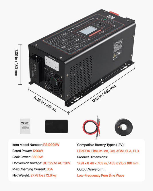 Pure Sine Wave Inverter Charger, 1200W, DC 12V To AC 120V Power Inverter With LCD Display, Remote Control, For RV Camper Home