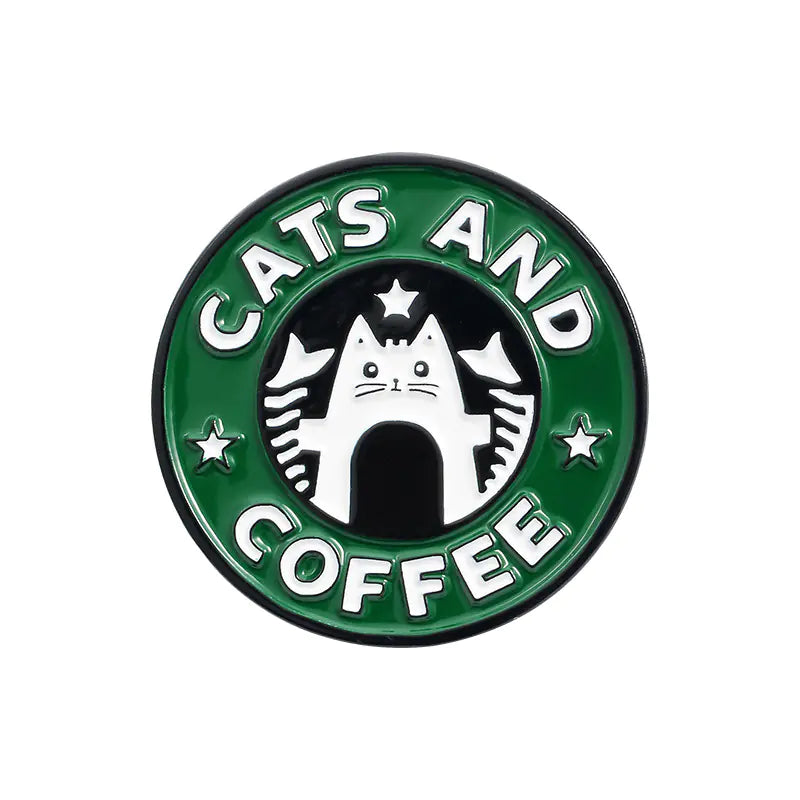Cute Cat & Bulldog Coffee Shop Enamel Brooch Pin