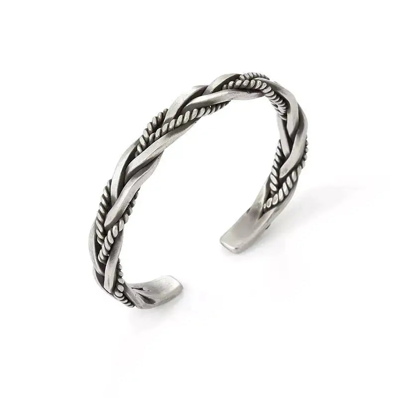 Braided Bangle Bracelet, Men Silver Cuff Bracelet Jewelry Retro Twisted, Open Bracelet, Stylish MenGift