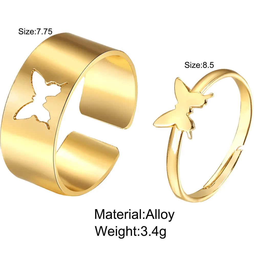 Butterfly Ring Set, Trendy Gold Butterfly Rings for Women Lover, Couple Rings Set Friendship, Adjustable Open Ring Jewelry Gift