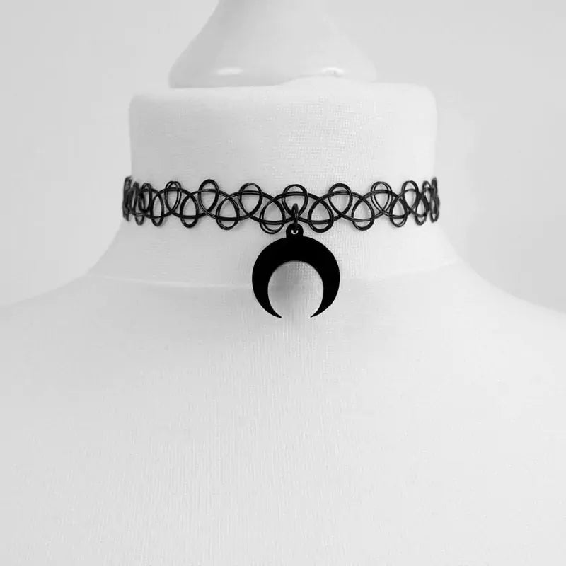 Black Crescent Moon Necklace, Choker Block Crescent Moon, Gothic Necklace